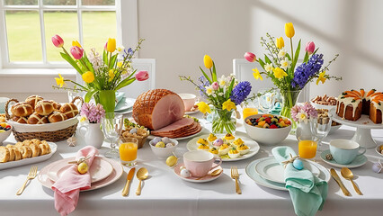 An appealing and detailed image of a formal Easter meal setting, emphasizing springtime elegance, celebration, and festive dining.