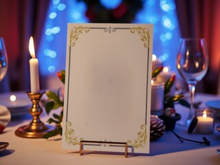 Elegant menu card on a decorated table with glowing candles and blurred festive lights, ready for custom text.