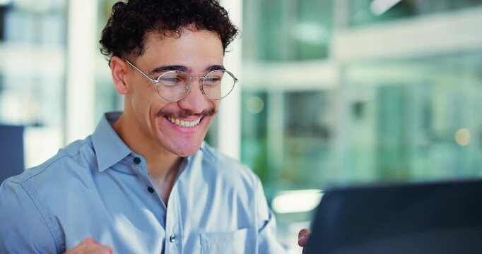 Surprise, business and man with laptop in office for good news, promotion email and story funding. Journalist, fist pump and pc for announcement, positive feedback and celebration of award nomination