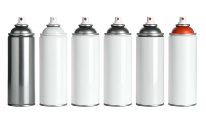 Six spray paint cans in a row, with varying colors and textures