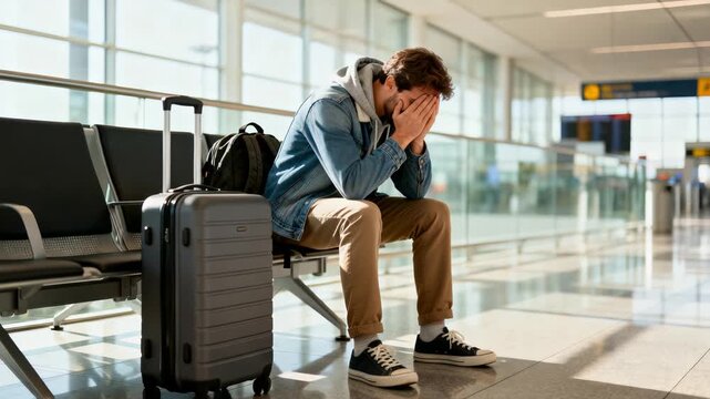 young person sitting solitary at deserted airport entrance point