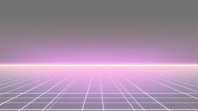 Retro futuristic neon grid floor background in purple and pink