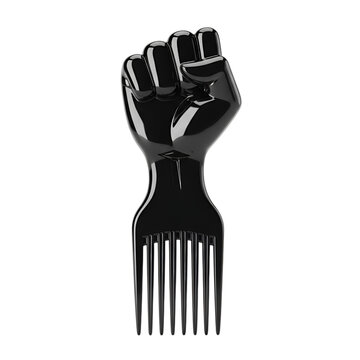Black fist comb or afro pick, powerful fist handle, cultural symbol of Black pride, upright. Ideal for Black History Month, Juneteenth, hair care promotions, identity campaigns.