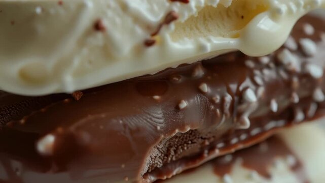 A tantalizing chocolate dessert with a creamy layer and sprinkles of nuts, captured in high detail.