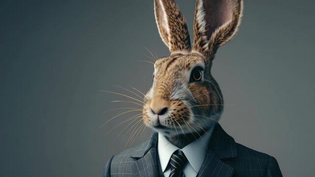 A rabbit wearing a suit and tie, giving the appearance of a businessman. The  is a creative blend of animal characteristics with human formality.