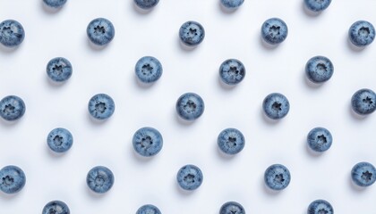 Overhead View of Fresh Blueberries Scattered in a Symmetrical Grid Pattern on a Minimalist White Background