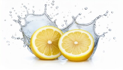 Two citrus lemon halves are captured creating a vibrant water splash and bubbles on a clean white surface