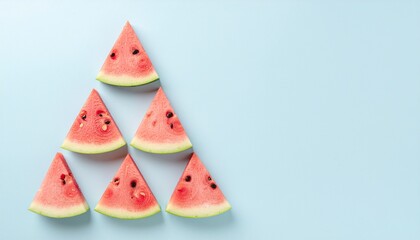 Geometric Arrangement of Bright Red Watermelon Slices Cut into Triangular Shapes on a Pastel Blue Background