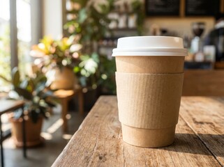 A disposable coffee cup rests on a wooden table