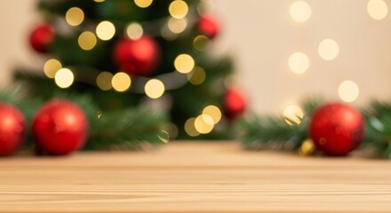 Festive Christmas holiday background with sparkling bokeh lights, red baubles, and fir branches on a wooden table, ideal for seasonal product presentation or text overlay