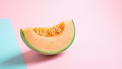 Semicircle Slice of Ripe Cantaloupe Melon Showing Orange Flesh and Central Seeds on a Dual Pastel Background