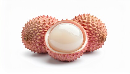 Two Whole Lychees and One Peeled Half Revealing the Translucent White Flesh and Textured Red Skin on White