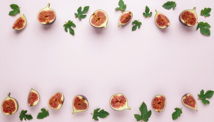 Overhead Border Arrangement of Fresh Purple Fig Halves and Green Leaves on a Light Pink Pastel Background