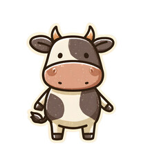 Naklejka premium Cute cartoon cow sticker with rounded shapes and playful pastel details on dark background