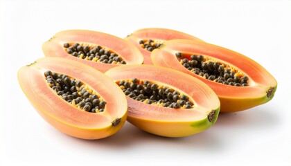 Group of Ripe Papaya Halves Revealing Bright Orange Flesh and Abundant Black Seeds on a White Background