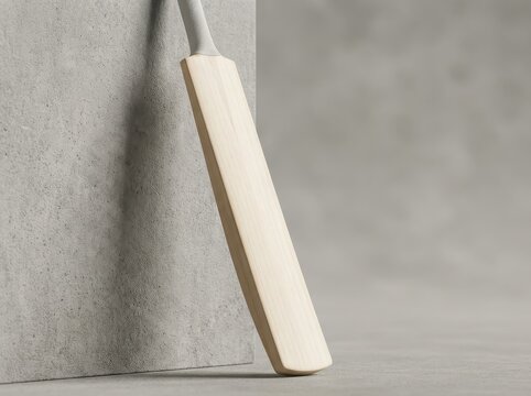 A wooden cricket bat leans against a concrete wall - Powered by Adobe