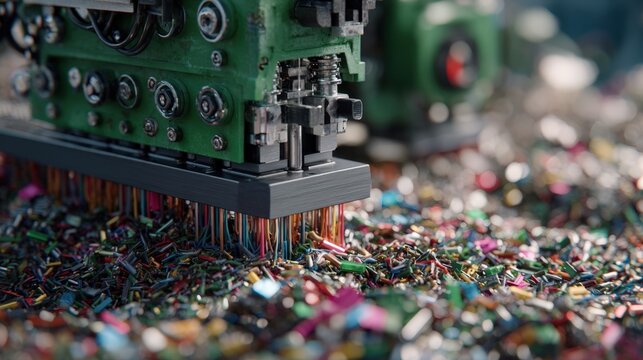 Medium shot featuring hightech machinery employing AI to identify and segregate varying plastic materials promoting sustainable waste management.