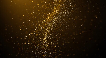 Obraz premium Ethereal golden dust particles elegantly swirling and sparkling against a dark backdrop, creating a luxurious and magical abstract background for festive and celebratory designs