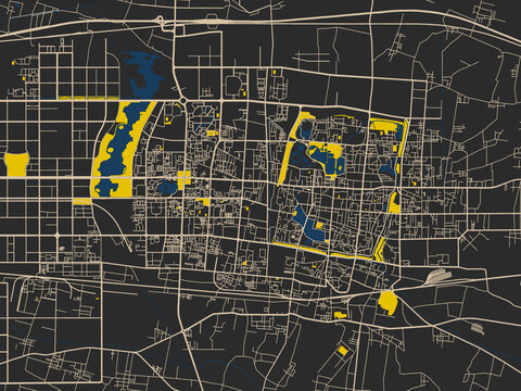 Modern graphic street map of CHI, Kaifeng, with graphite black base with warm cream road network, signal-yellow open areas and inky blue waterways
