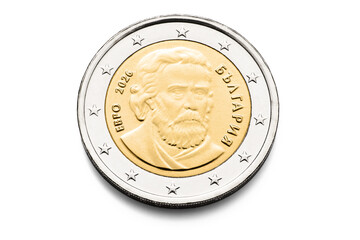 2 Euro Coin Bulgaria 2026, bulgarian money macro isolated on transparent background