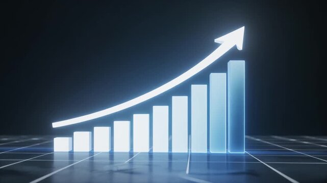 4K cinematic animation of a business growth infographic, glowing rising arrow moving upward