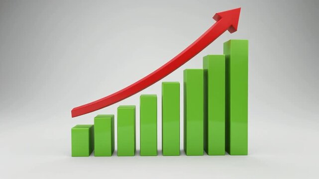 animated green bar graph steadily increasing on a pure white background, thin red arrow slide