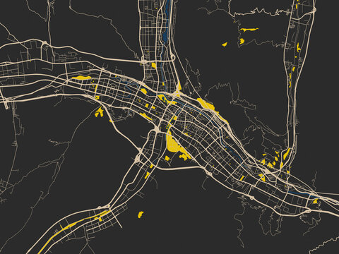 Poster-style map of CHI, Xining using charcoal base with cream streets