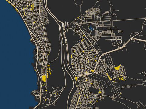 Poster-style map of Alto Hospicio, Chile using charcoal, ivory and ink-blue tones