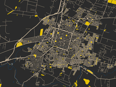 Flat city map of Chillan, Chile &mdash; matte charcoal landmass with pale cream street lines, bold yellow accents and navy-blue water shapes