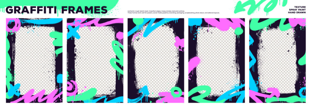 Graffiti grunge photo frame collection with spray paint bright strokes, lines and squiggles. Graffiti borders with punk spray paint aerosol effect, drips and paint splatters. Grunge stencil frames.