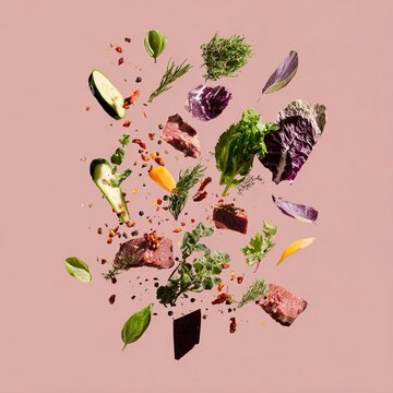 Composizione artistica di pezzi di carne e verdure,  sospesi in aria su uno sfondo rosa tenue.
