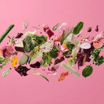 Presentazione dinamica culinaria di pezzi di carne e verdure, insalata, basilico, carote, asparagi e cetriolo