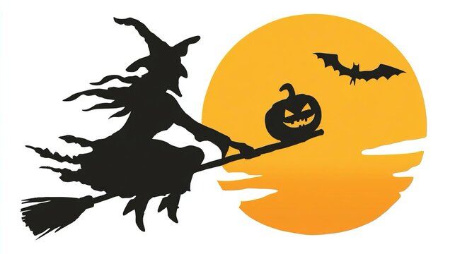 Logo di Halloween raffigurante la sagoma di una strega in volo su una scopa, con pipistrello e zucca