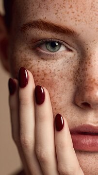 Donna con capelli rossi e una miriade di lentiggini che le coprono il viso ripreso a met&agrave;. Ha gli occhi verdi, intensi e penetranti