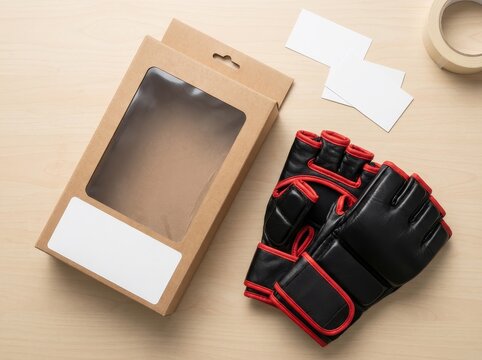 Black and red fingerless boxing gloves with cardboard packaging