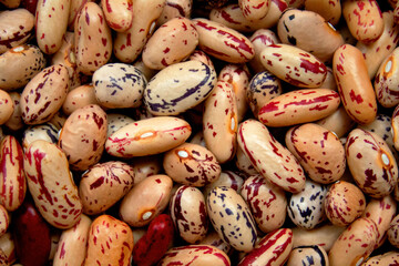 Beans. Mix. Speckled. Colorful. Pinto beans. Macro. Bio texture. Assorted dry beans. Colorful bean...