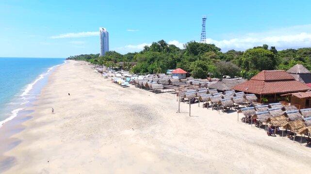 Aerial video taken with a drone on Santa Clara Beach on a sunny day with perfect weather next to the Pacific Ocean, in the province of Cocl&eacute;, in R&iacute;o Hato, Panama.	