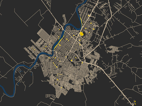Flat city map of Monteria, Colombia in noir yellow color palette