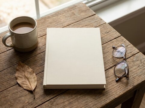 Blank book with coffee and glasses on wooden table