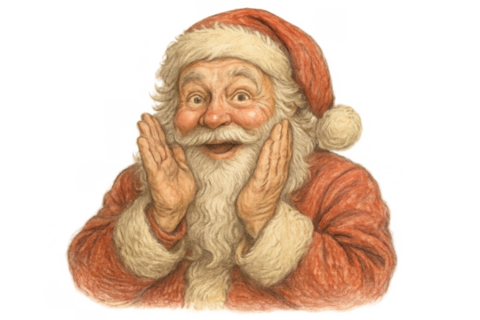 Santa claus with excited expression, hands to face, surprised and happy, vintage christmas character illustration on transparent background - Powered by Adobe
