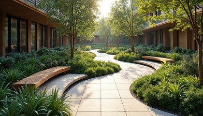 Modern courtyard garden with curving paved pathways and lush green shrubs. Wooden benches offer seating in trees and verdant plants. Contemporary architecture frames this serene urban oasis.