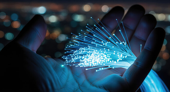 Close-up of a hand holding fiber optic cables against a blurred cityscape at night, illuminated with blue light to represent connectivity and modern technology. - Powered by Adobe