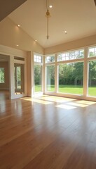 Fototapeta premium Empty living room with vaulted ceilings and large windows overlooking green backyard. Sunny space with polished hardwood floors and bright natural light creating welcoming atmosphere for modern home.