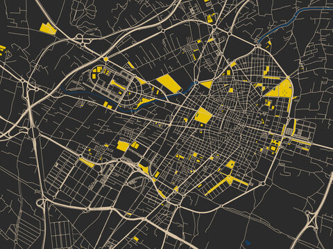 Flat city map of Castellon de la Plana, Spain &mdash; matte charcoal landmass with pale cream street lines, bold yellow accents and navy-blue water shapes