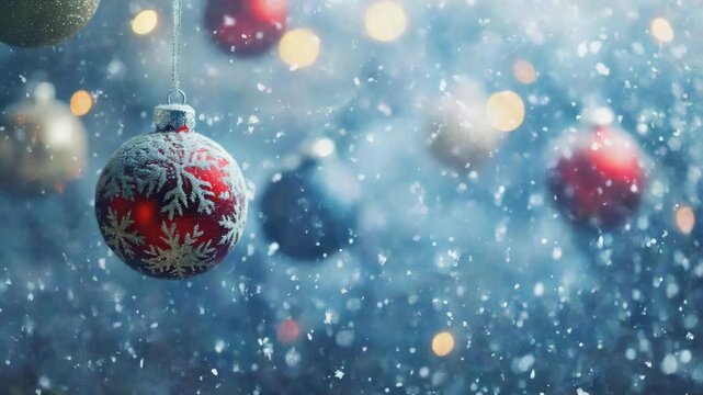 Soft focus holiday bauble with sparkling lights and falling snowflakes. Festive winter decoration.