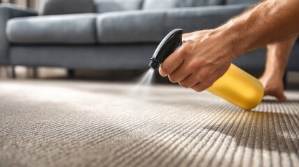 Medium frame showing a homeowner using a hypoallergenic carpet spray on a textured carpet to minimize dust mite and pet dander buildup.