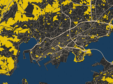 Minimalist map of Ferrol, Spain, charcoal, ivory and ink-blue tones