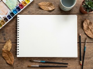 Blank sketchbook with art supplies on wooden table