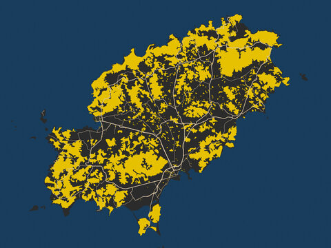 Flat city map of Ibiza, Spain &mdash; matte charcoal landmass with pale cream street lines, bold yellow accents and navy-blue water shapes