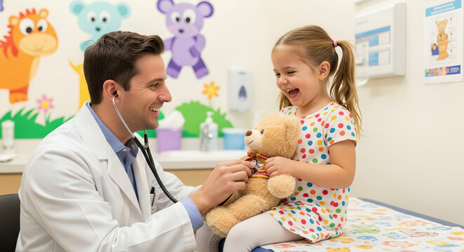 Smiling doctor examining a teddy bear with a stethoscope for a happy young girl in a bright, colorful pediatric office.